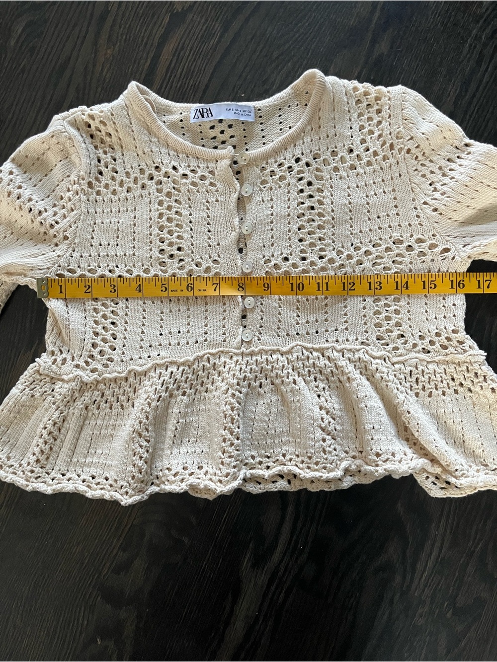 Zara Cream 100% Cotton Crochet Peplum Button-Up Long Sleeve Top Size S - Picture 3 of 7